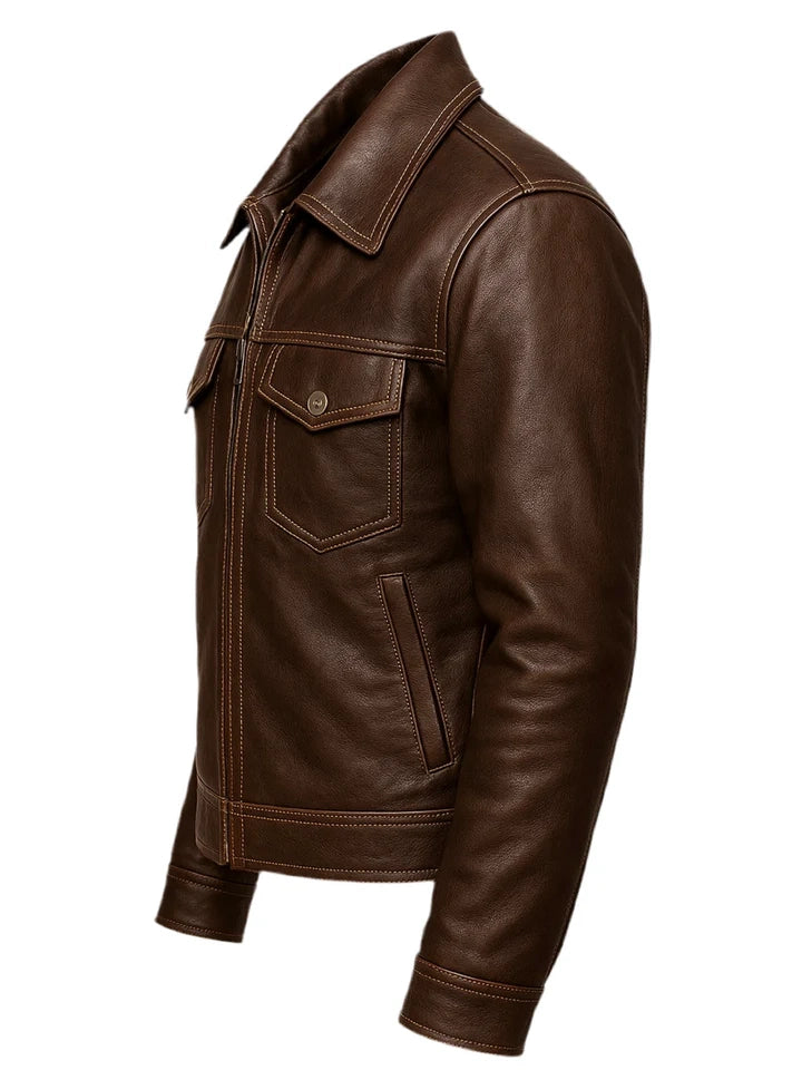 Brown leather jacket on a white background