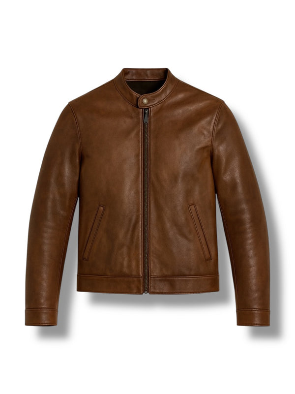 front shot of Brown leather jacket on a white background