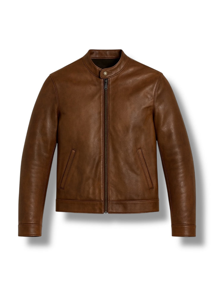 front shot of Brown leather jacket on a white background