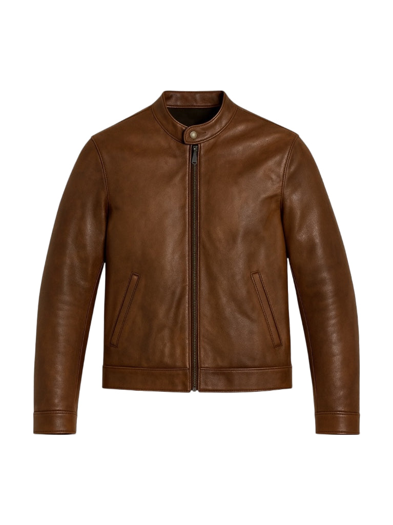front shot of Brown leather jacket on a white background