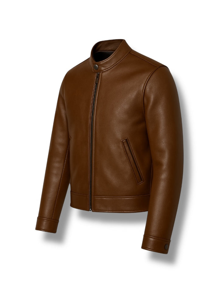 side view of Brown leather jacket on a white background
