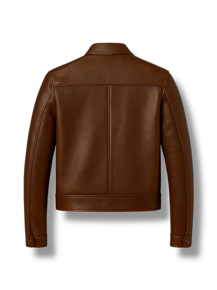 back view of Brown leather jacket on a white background