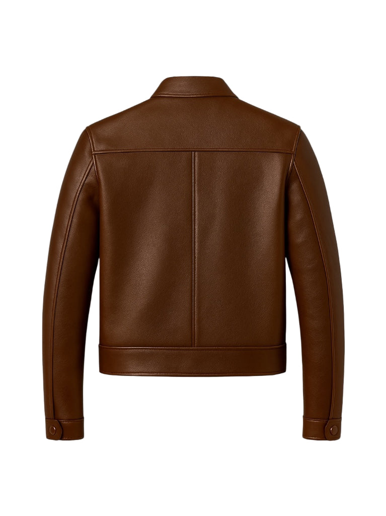 back view of Brown leather jacket on a white background