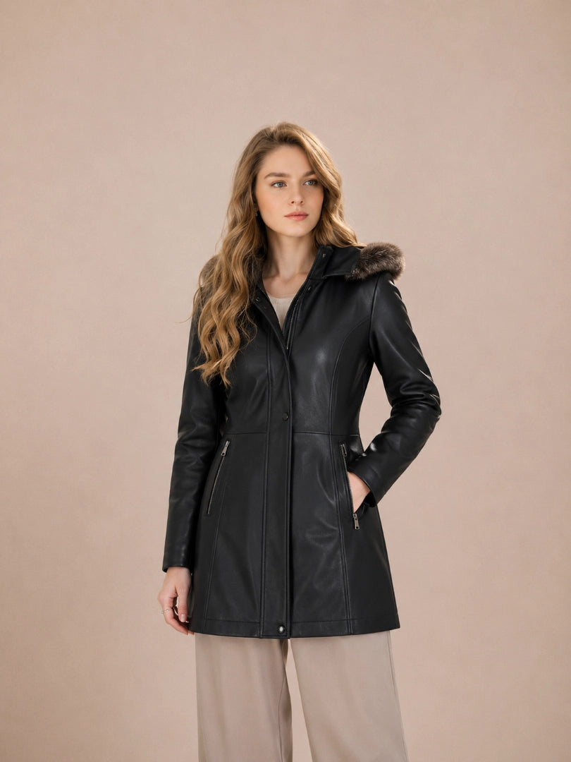 Woman wearing a black leather jacket with fur hood against a beige background