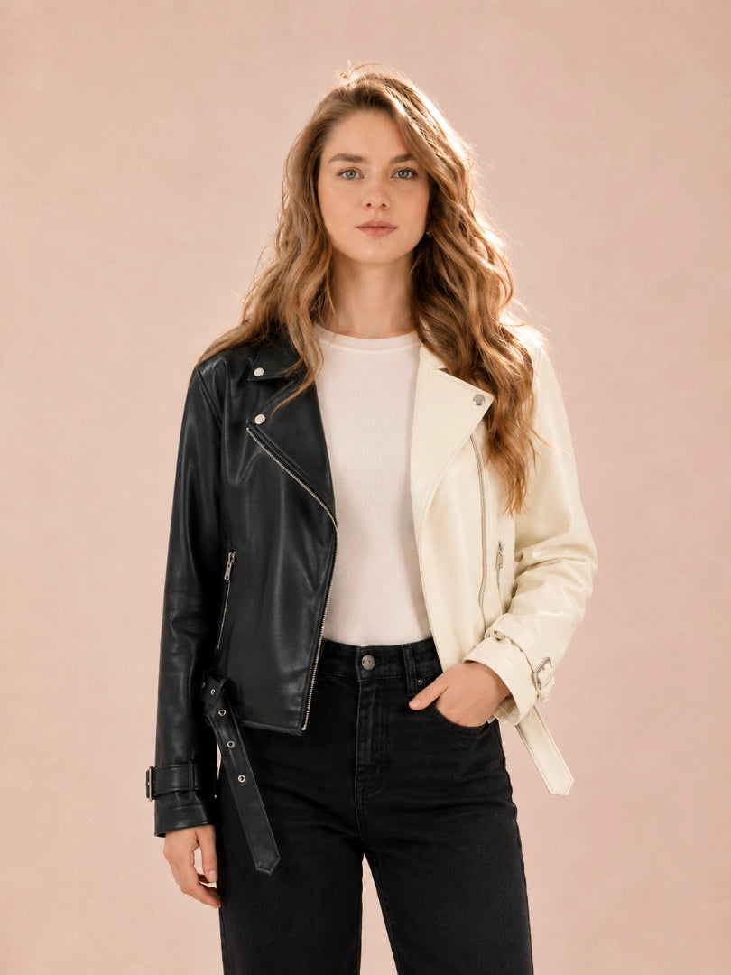 Woman wearing a black leather jacket over a white shirt with a beige background