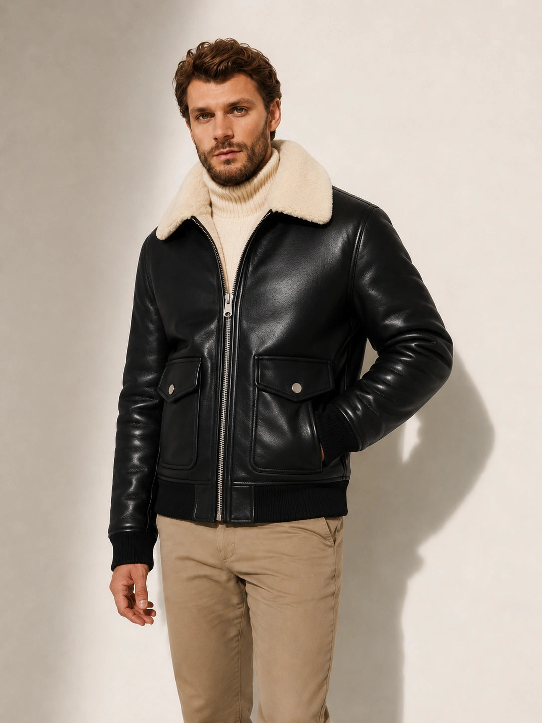 Man wearing a black leather jacket with a beige interior on a plain background
