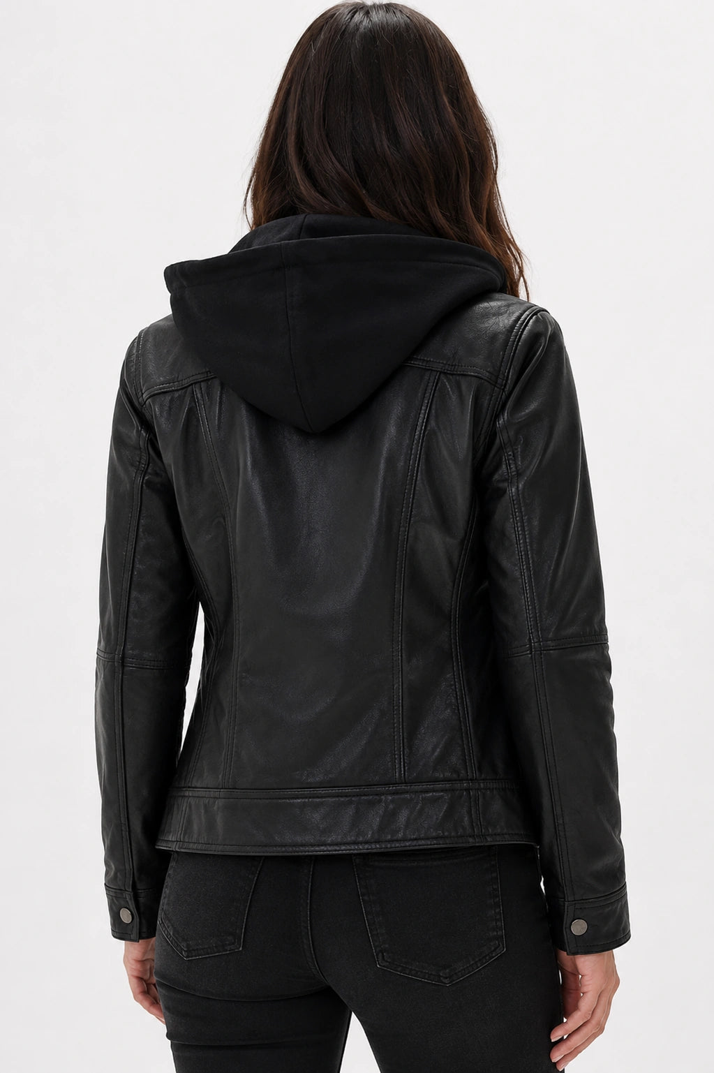 Black leather jacket with a hood worn by a person on a white background