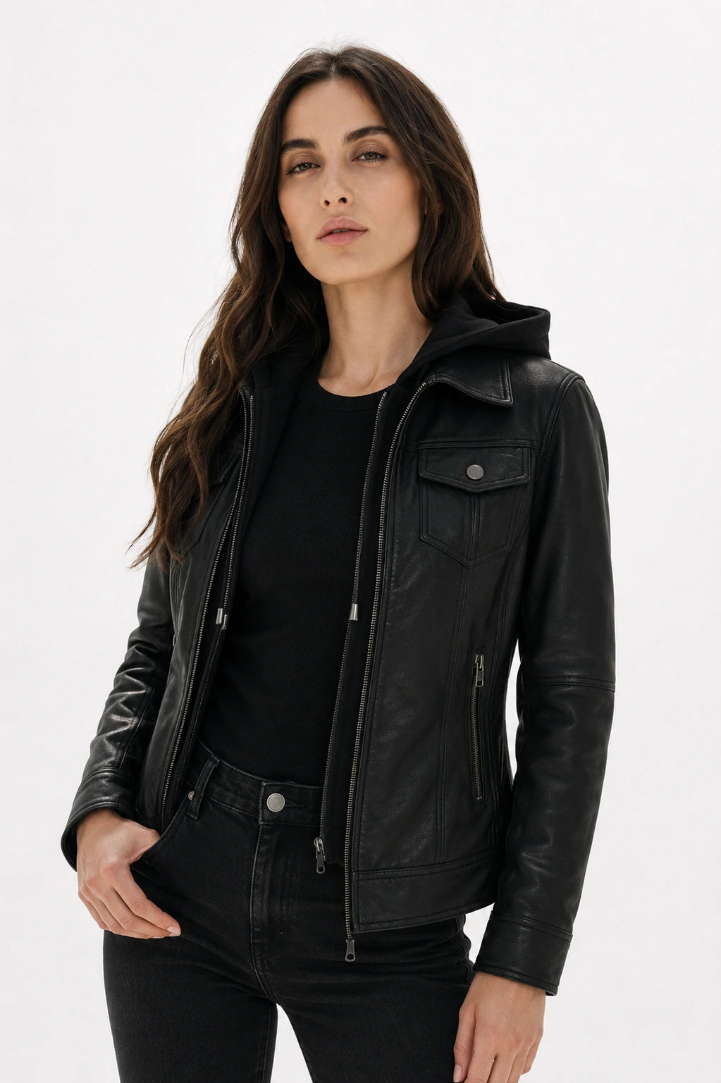 Woman wearing a black leather jacket on a white background