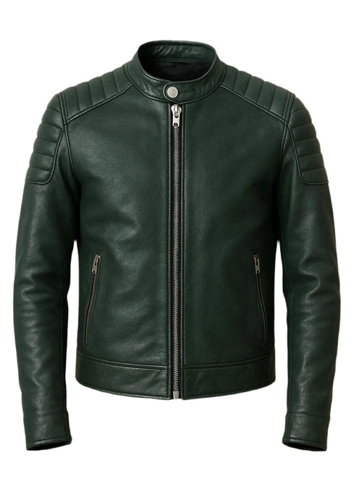 Green leather jacket on a white background