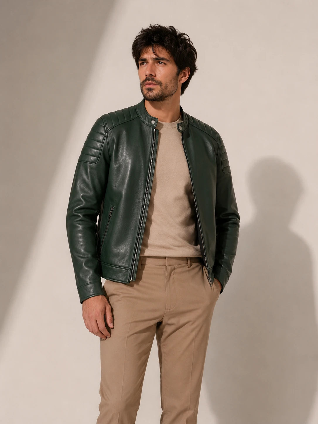 Man wearing a green leather jacket and beige pants against a neutral background