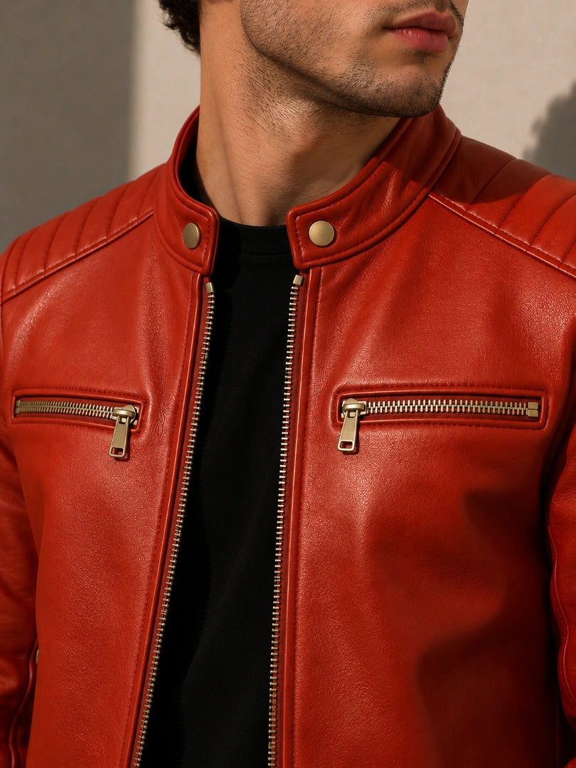 Red leather jacket with gold zippers worn by a person against a neutral background