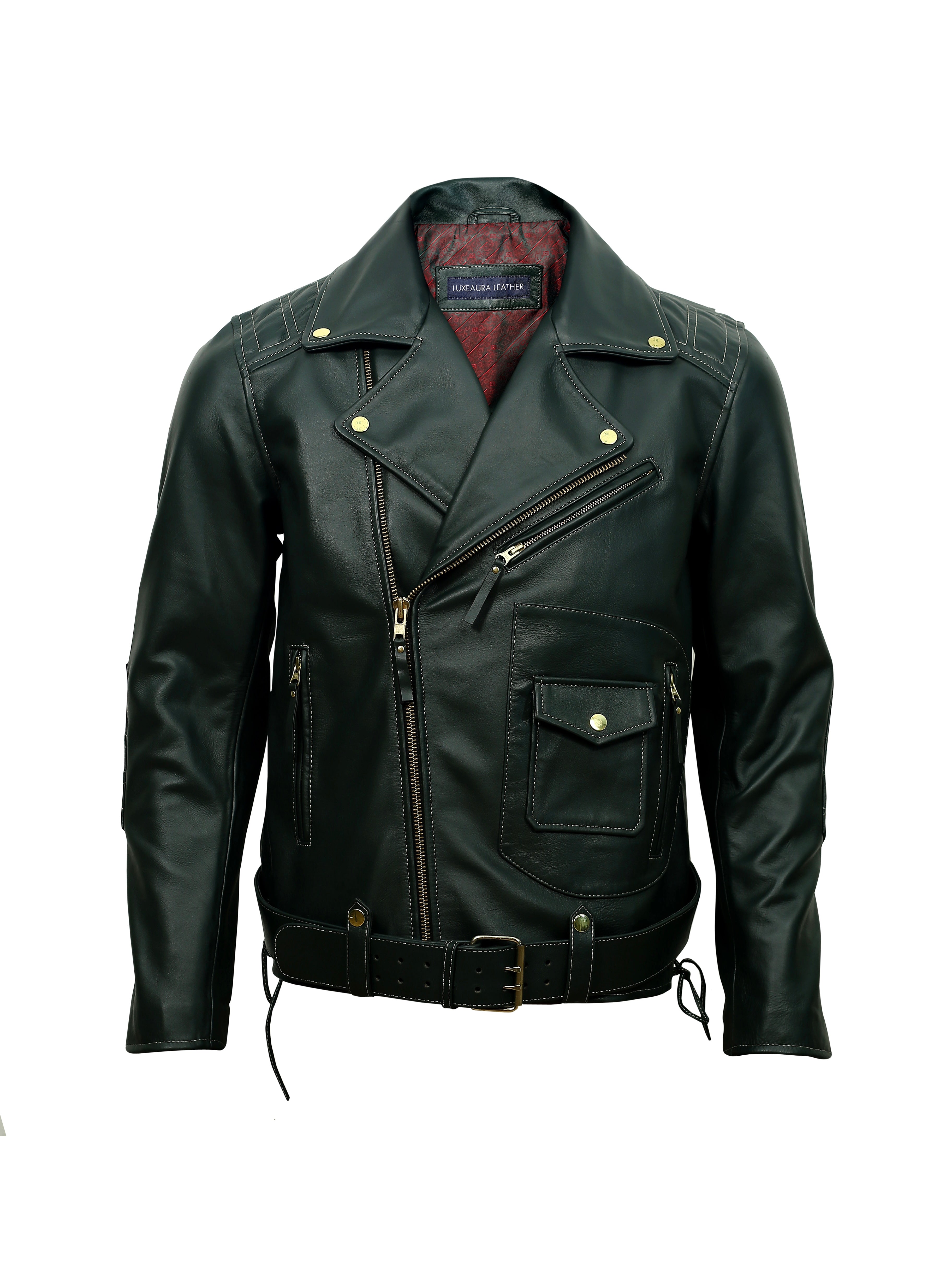 front shot of ironhide biker leather jacket with gold zippers on a white background