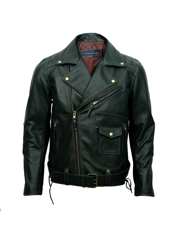 front shot of ironhide biker leather jacket with gold zippers on a white background