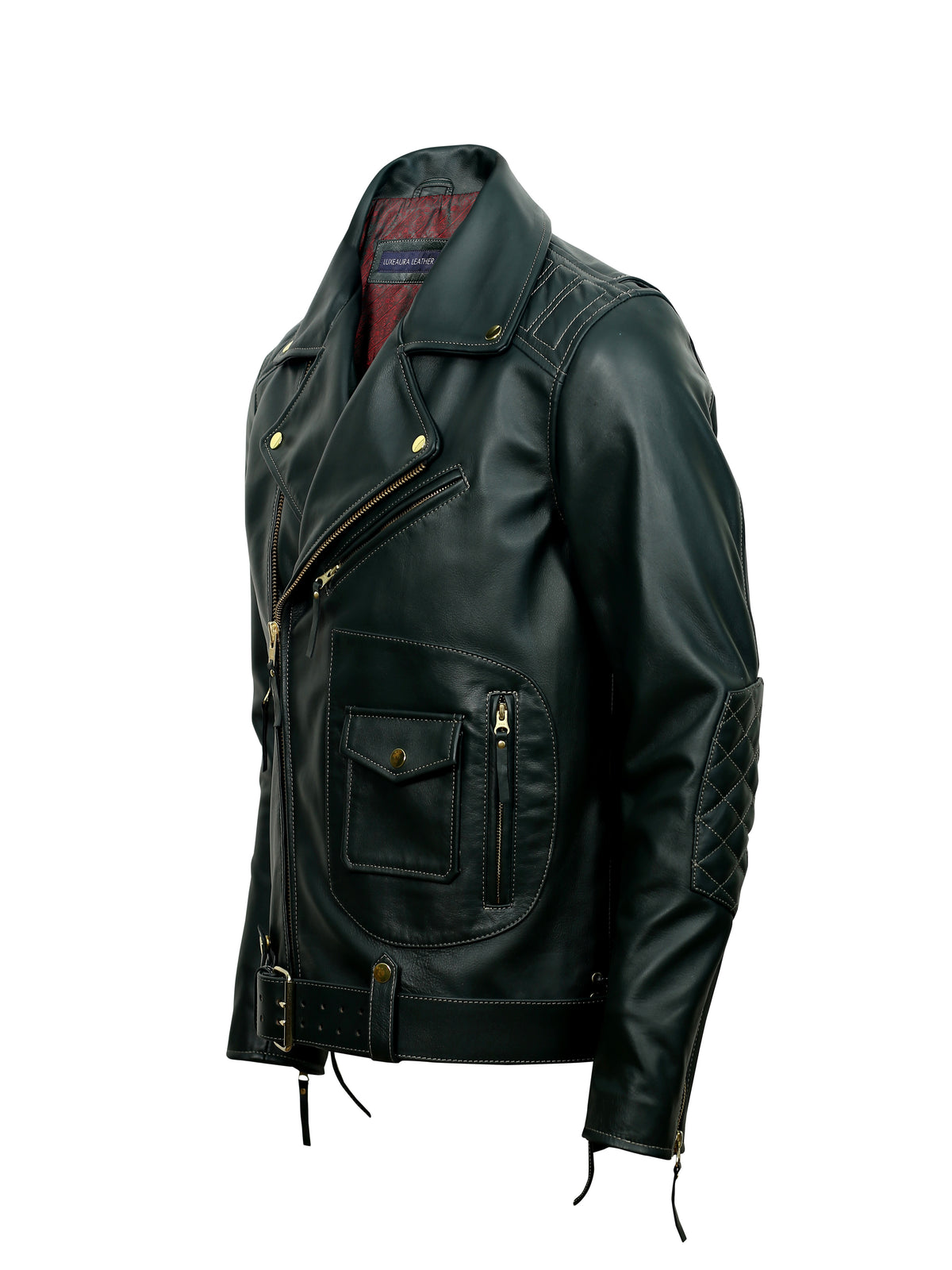 side shot of ironhide green biker leather jacket with gold zippers and buttons on a white background