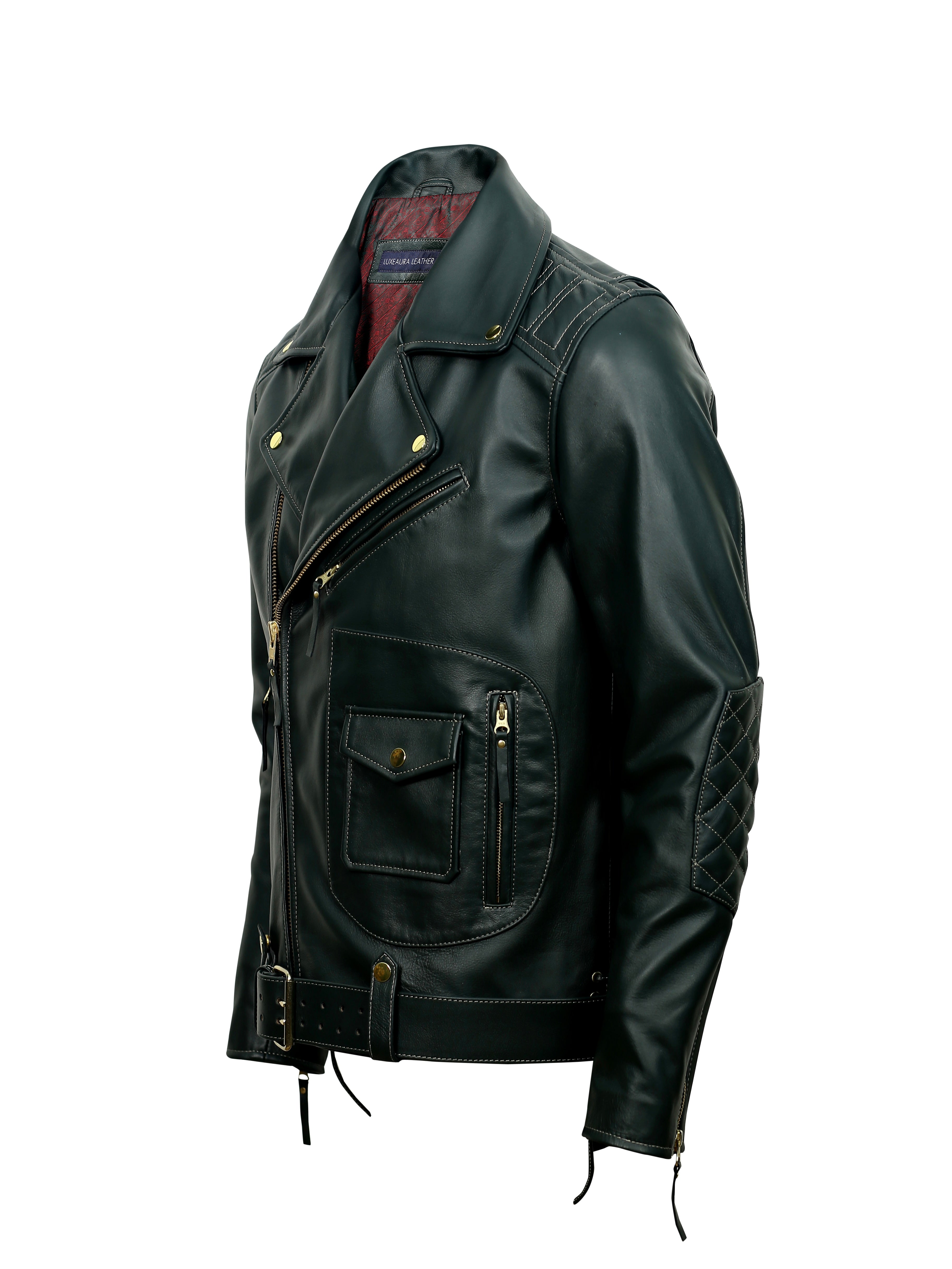 side shot of ironhide green biker leather jacket with gold zippers and buttons on a white background