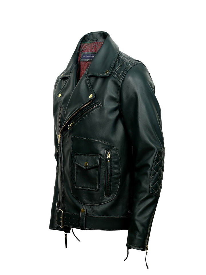 side shot of ironhide green biker leather jacket with gold zippers and buttons on a white background