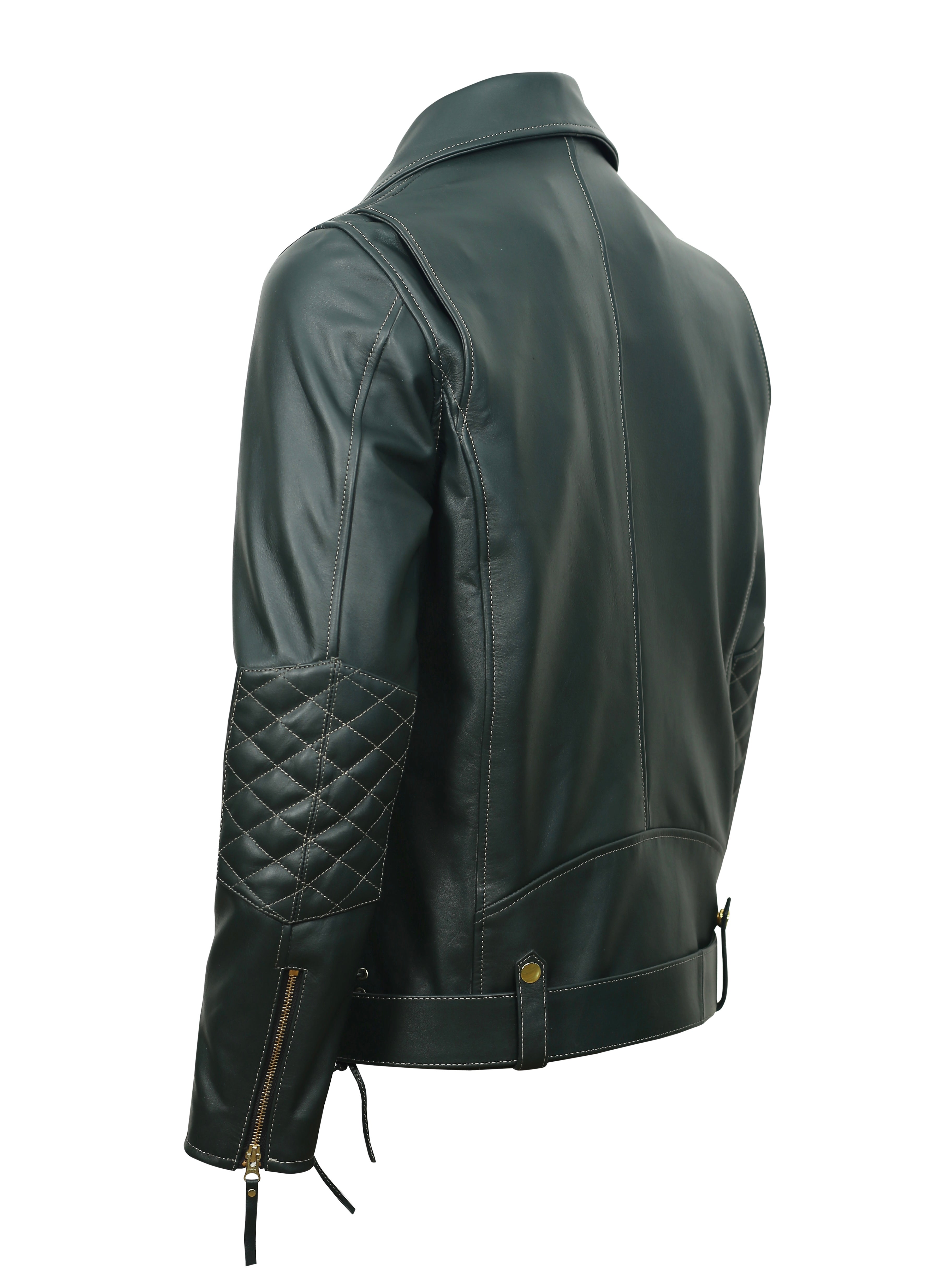 back shot of ironhide green biker leather jacket with quilted arm design on a white background