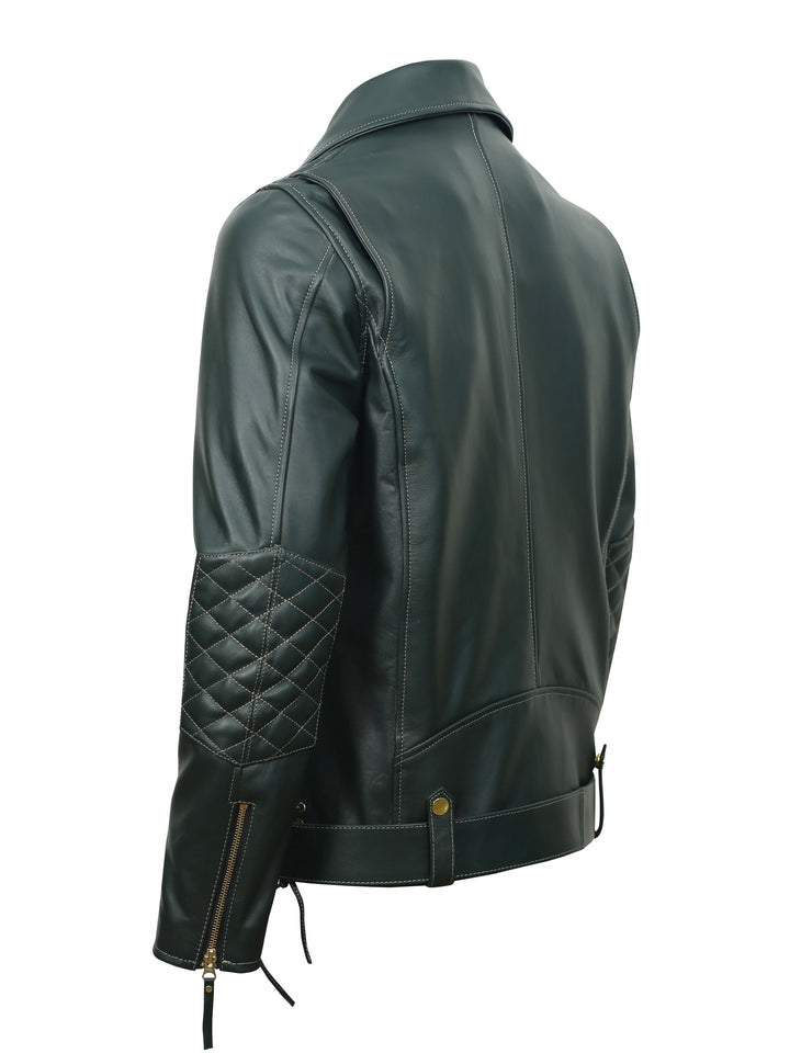 back shot of ironhide green biker leather jacket with quilted arm design on a white background