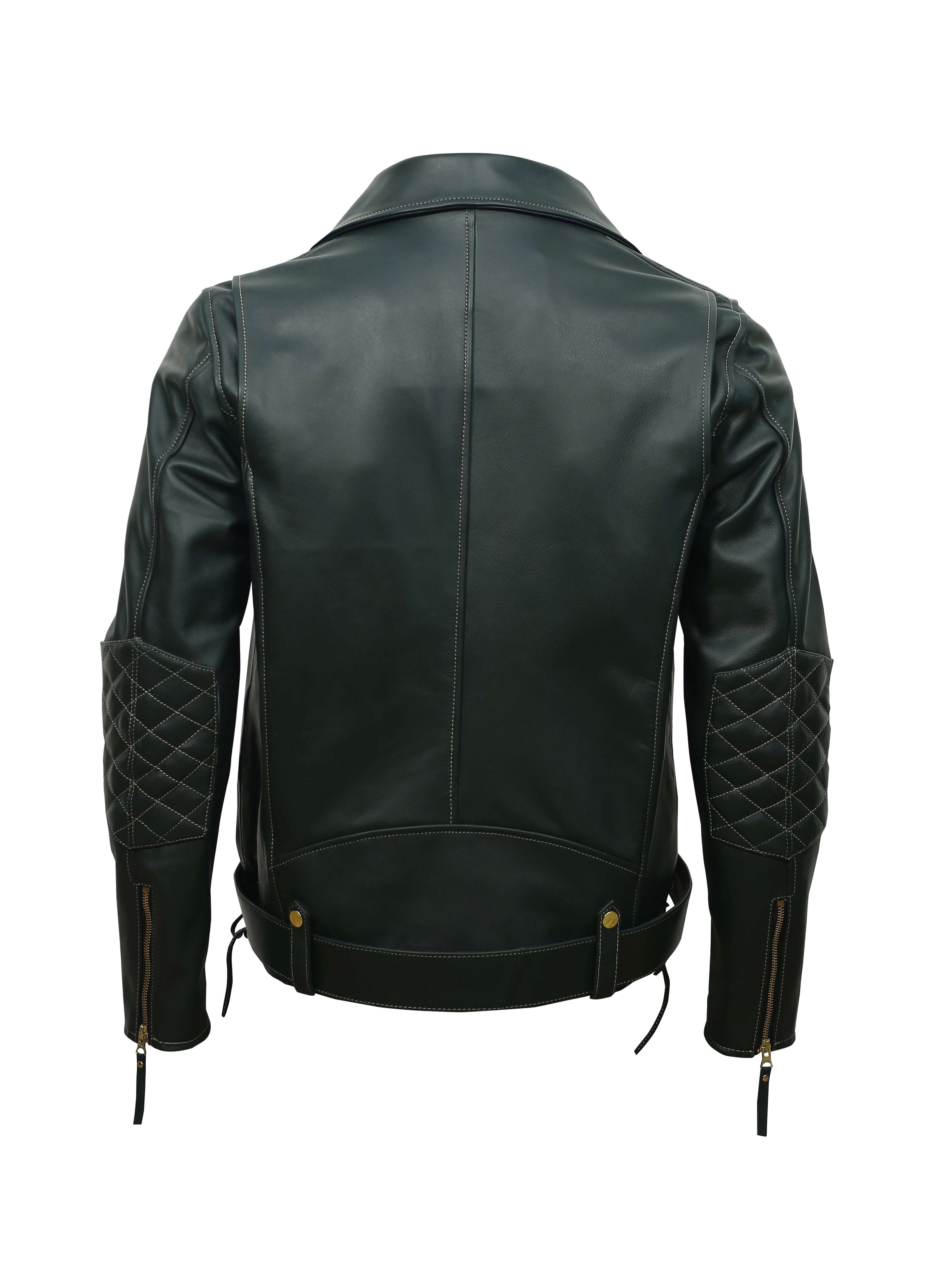 back shot of ironhide green biker leather jacket with quilted arm designs on a white background