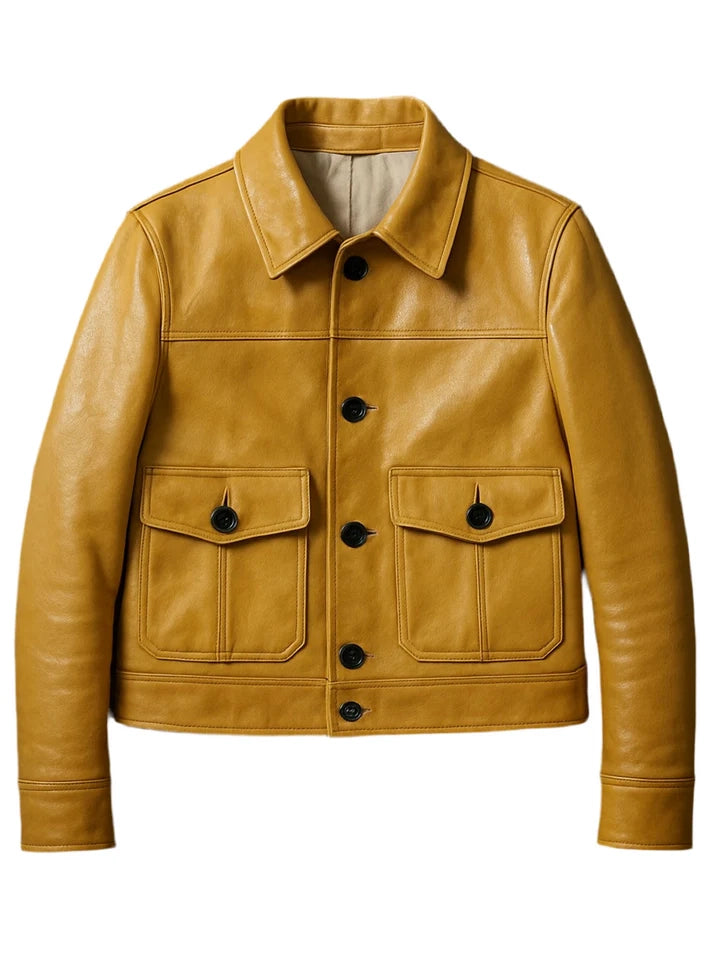 Yellow leather jacket with black buttons on a white background