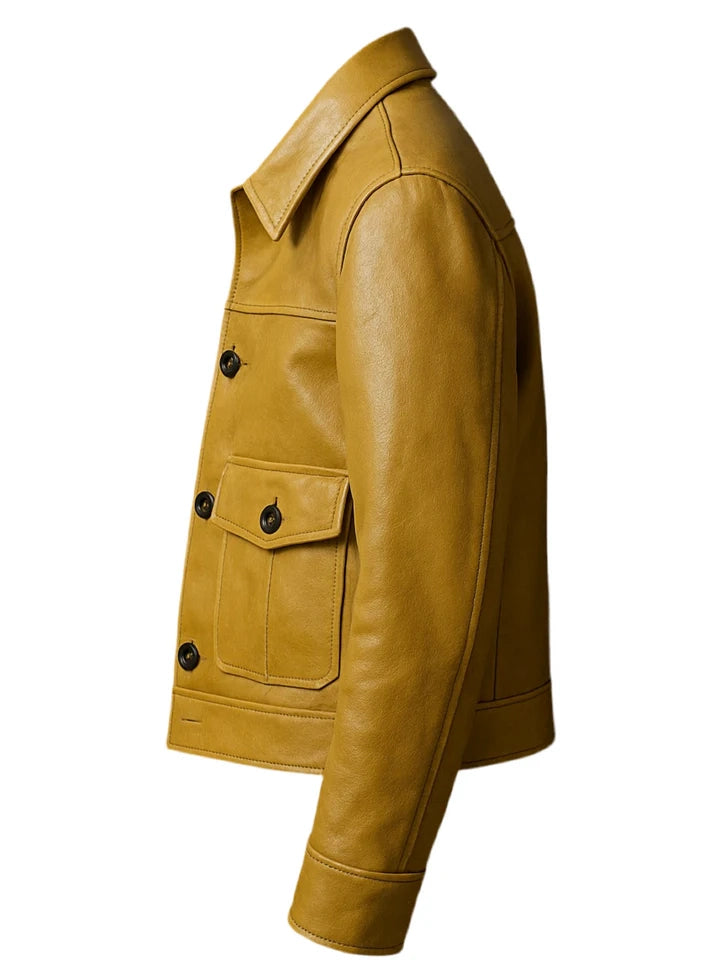 Side view of a mustard yellow leather jacket on a white background