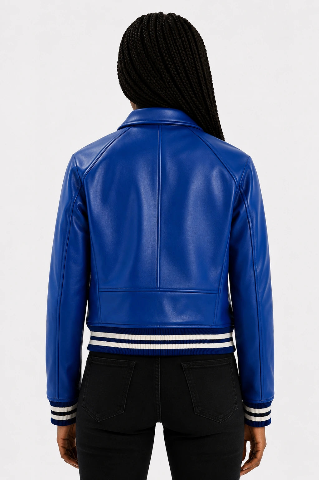 Blue leather jacket with white stripes on a white background