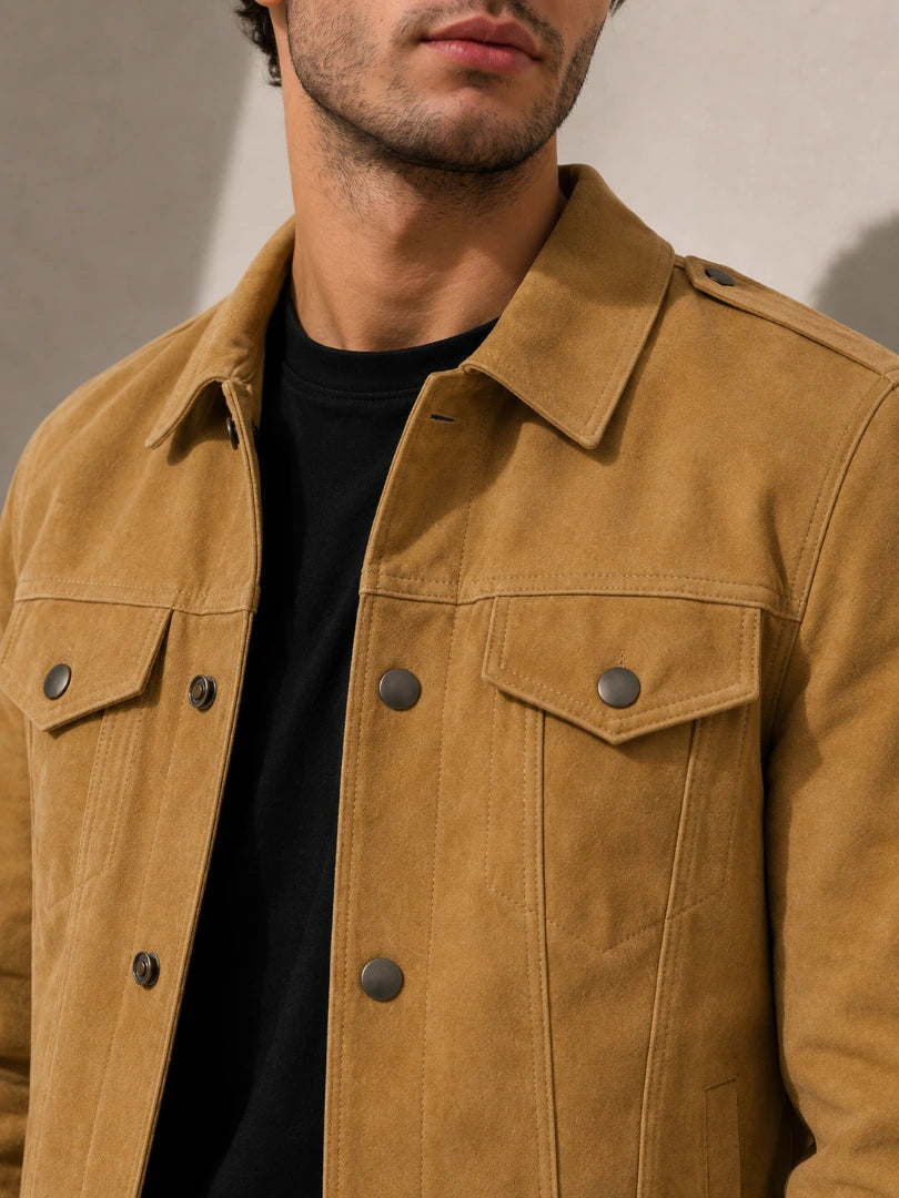 Close-up of a person wearing a brown jacket with a neutral background