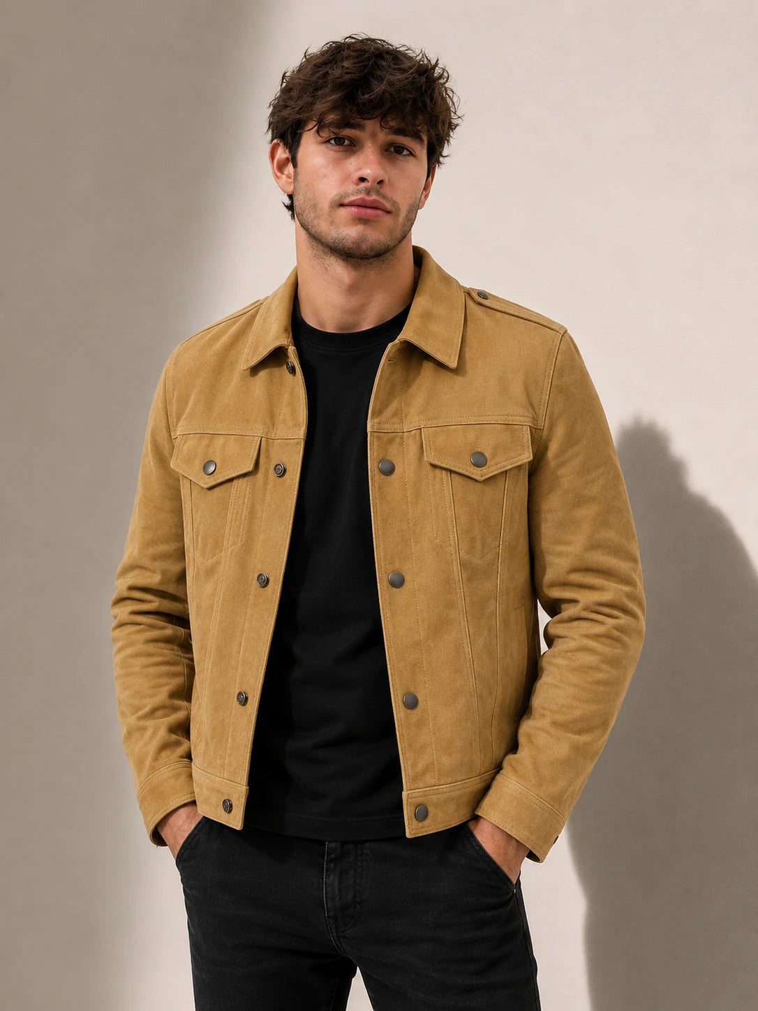Man wearing a tan jacket over a black shirt against a neutral background