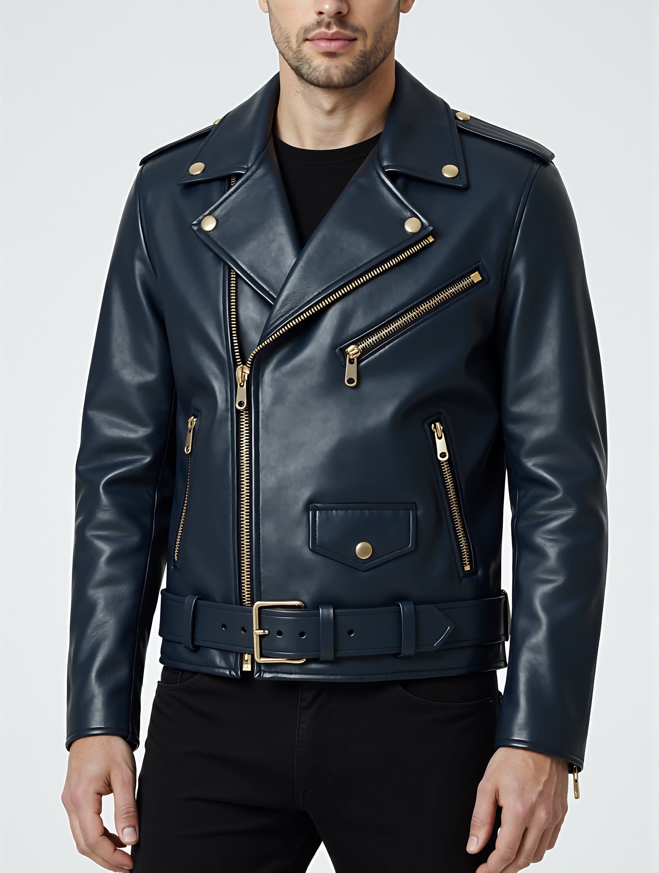 NAVYON – Navy Blue Biker Leather Jacket