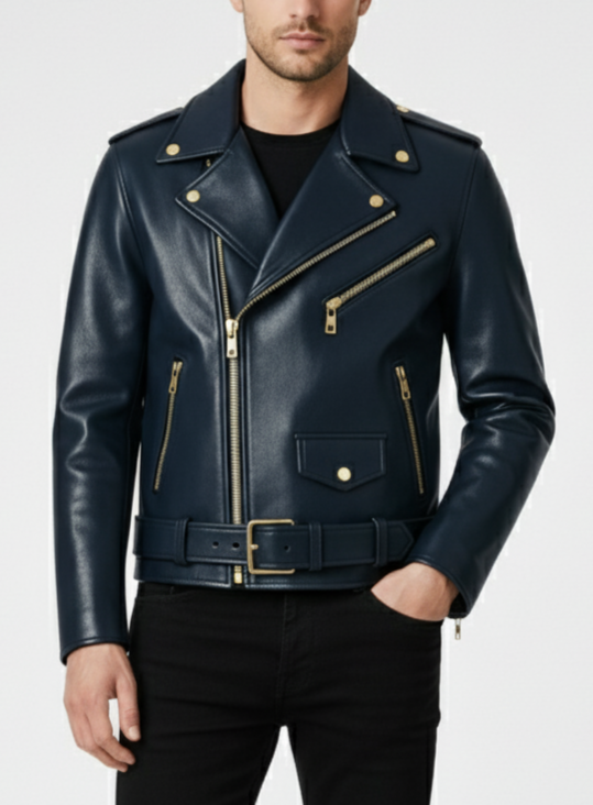 NAVYON – Navy Blue Biker Leather Jacket