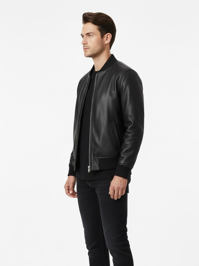 Man wearing a black leather jacket on a white background