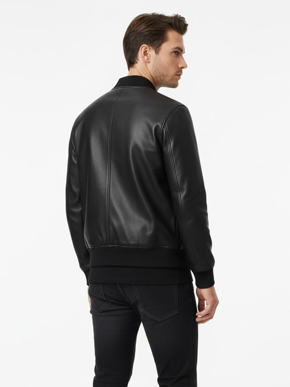 Man wearing a black leather jacket on a white background