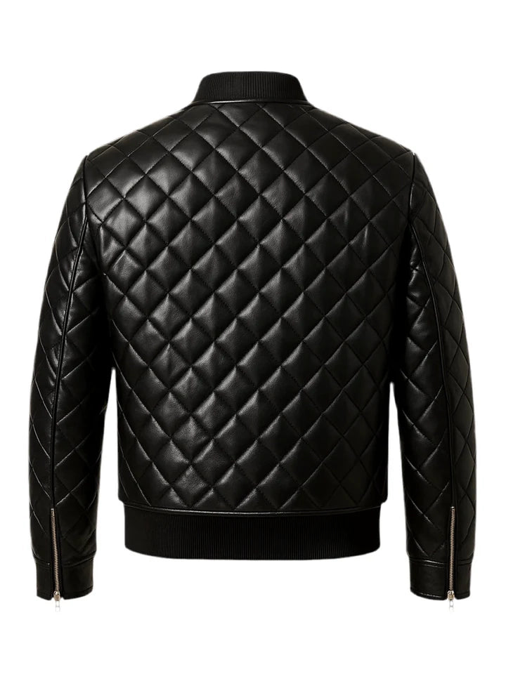 Black quilted leather jacket on a white background
