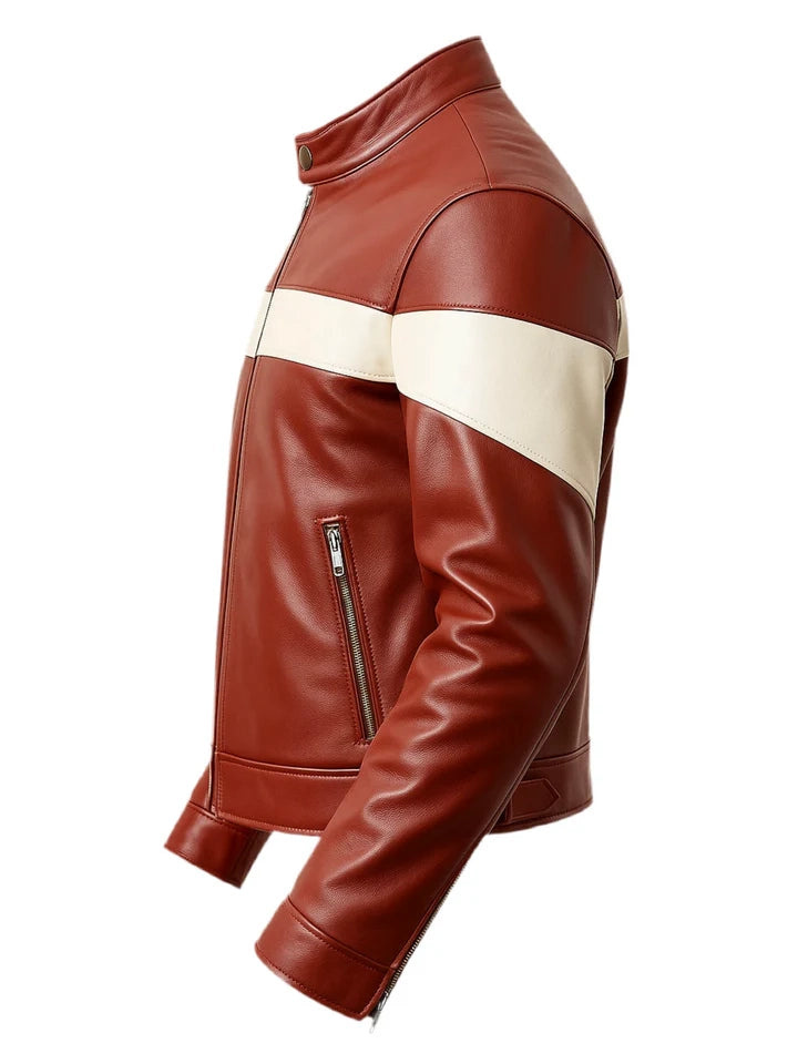 Brown leather jacket with a white stripe on a white background