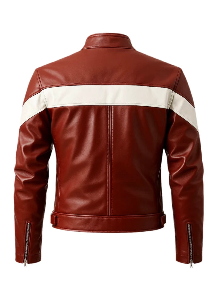Red leather jacket with white stripes on a white background