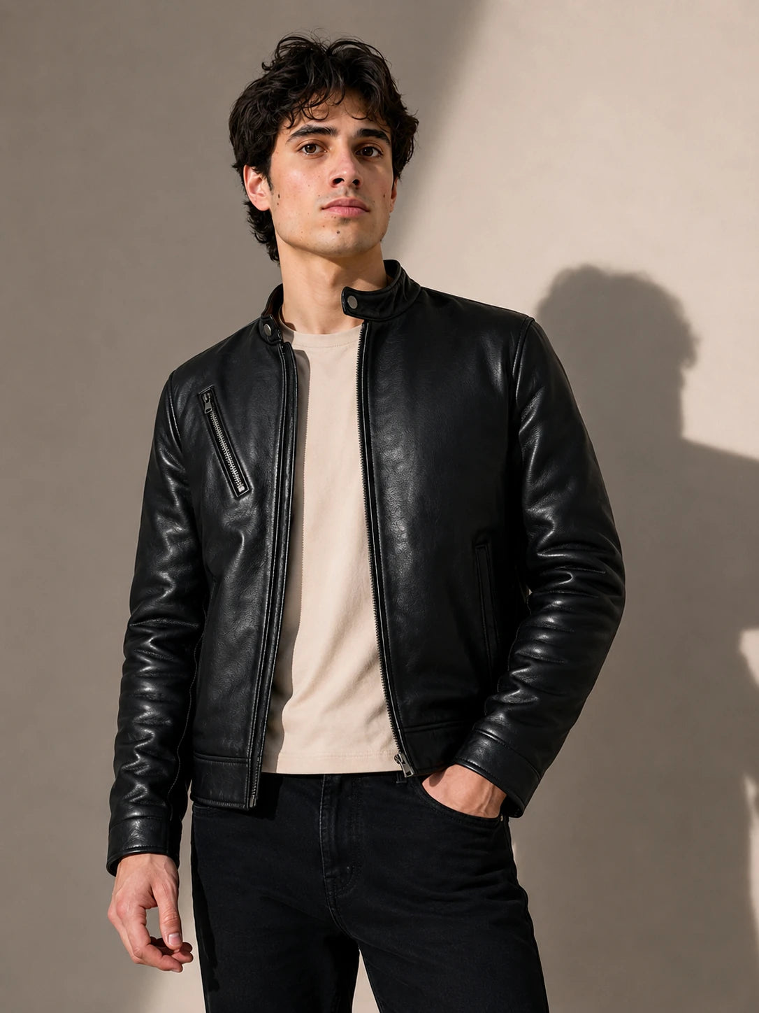 Man wearing a black leather jacket against a plain background