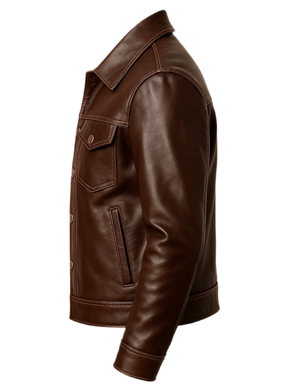 side image of Brown trucker leather jacket on a white background