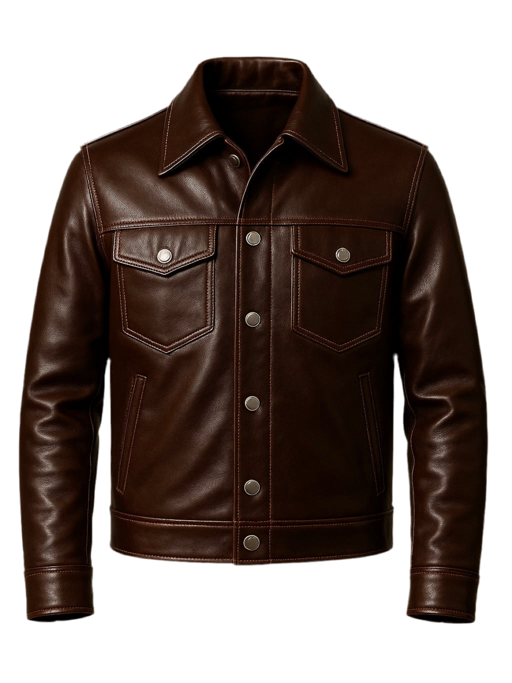 front image of Brown trucker leather jacket on a white background