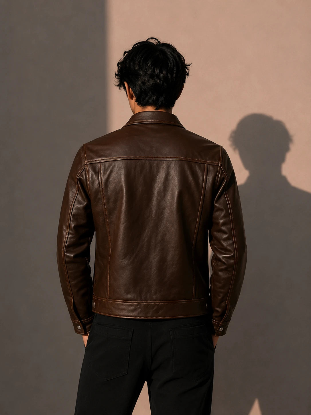 Person wearing a brown leather jacket with a plain background