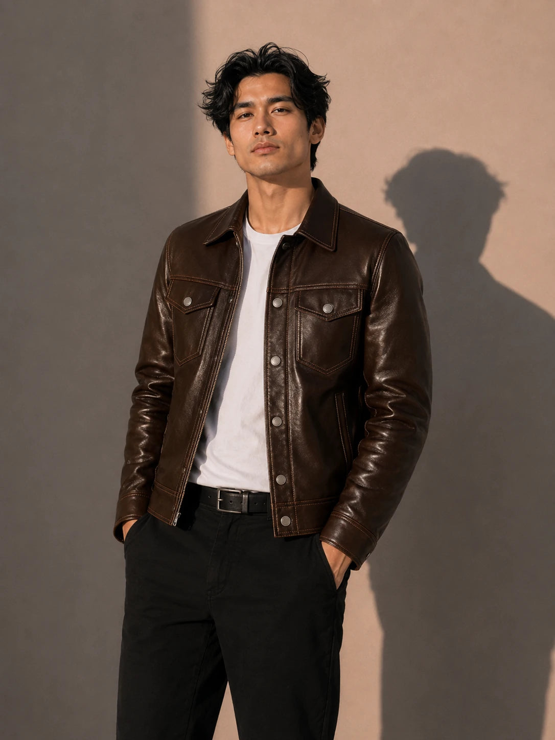 Man wearing a brown leather jacket against a plain background