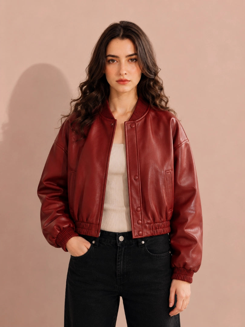 Woman wearing a red leather jacket against a beige background