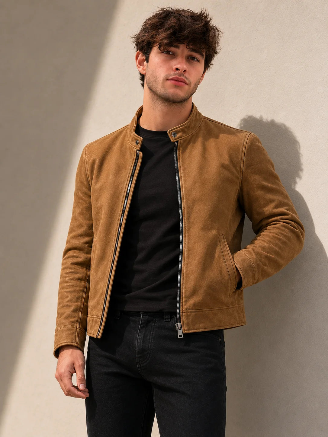 Man wearing a brown leather jacket against a neutral background