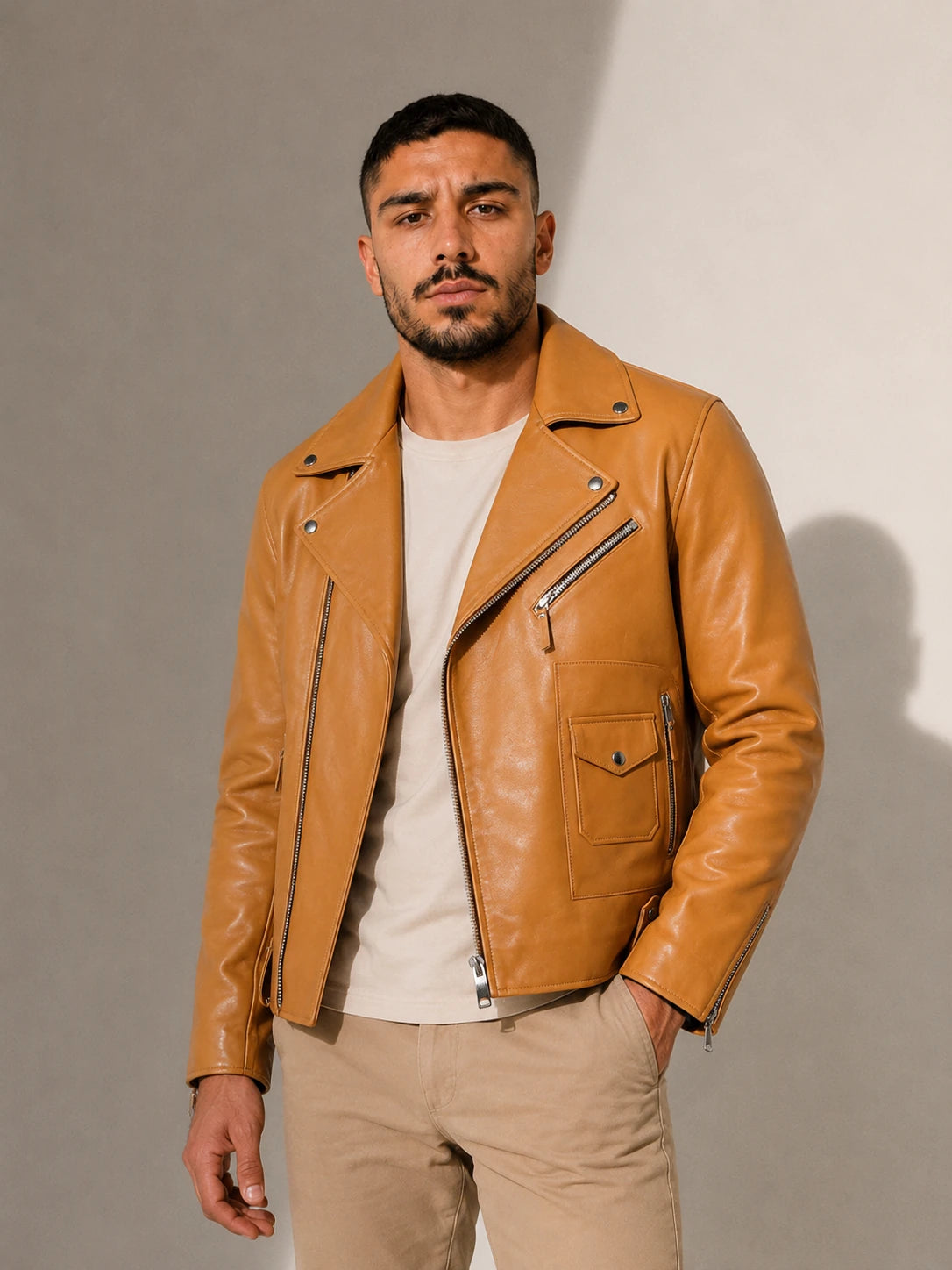 Man wearing a tan leather jacket against a neutral background