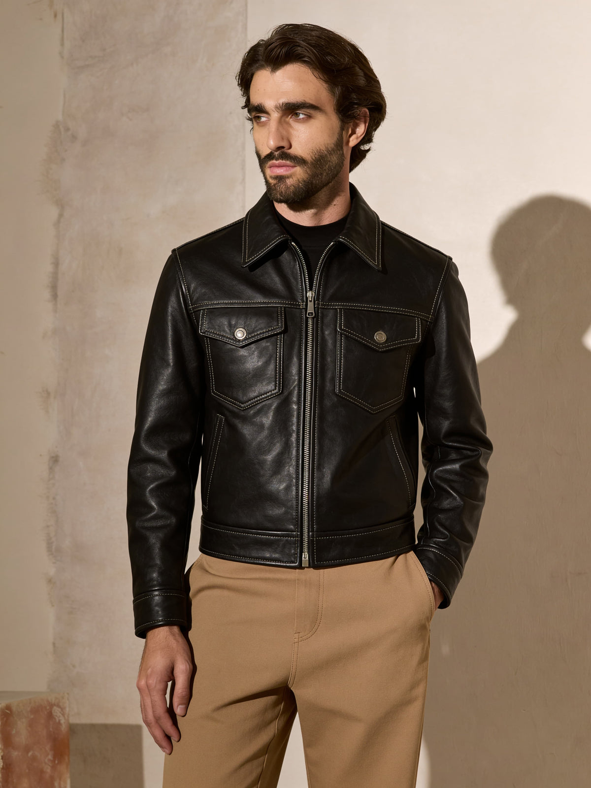 a model wearing thunder leather jacket 