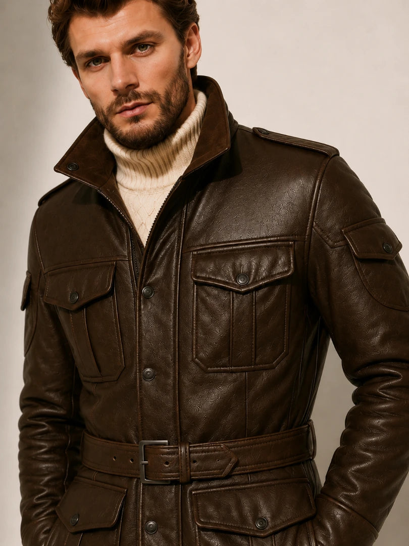 Man wearing a brown leather jacket over a white turtleneck sweater on a neutral background