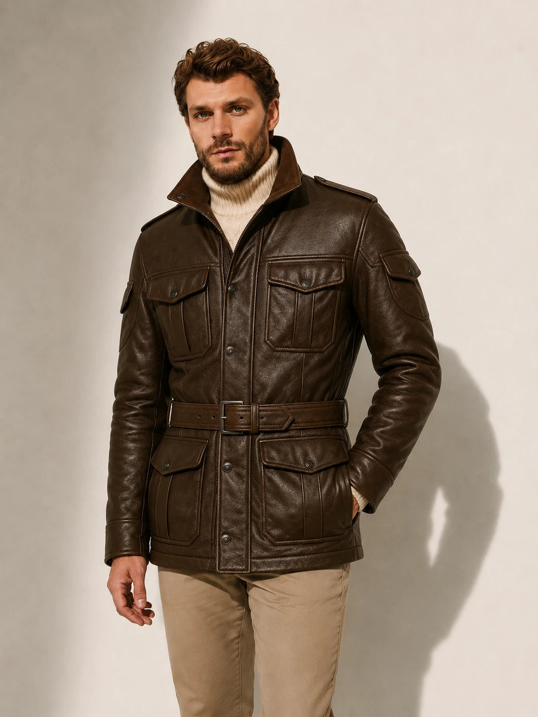Man wearing a brown leather jacket against a plain background