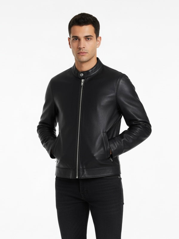Man wearing a black leather jacket on a white background