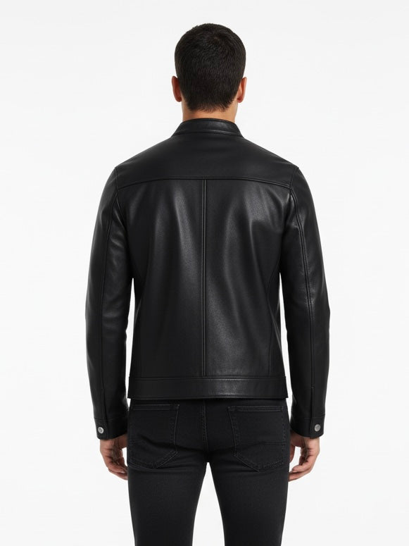 Man wearing a black leather jacket on a white background