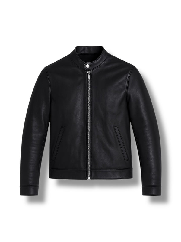front view of black cafe racer leather jacket
