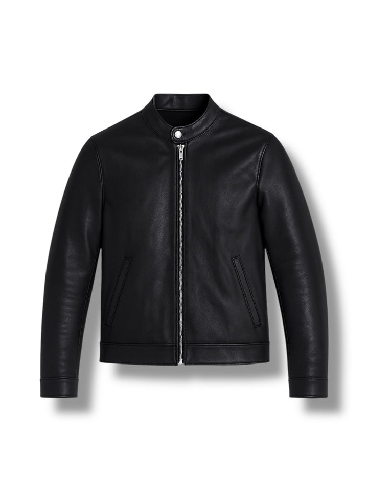 front view of black cafe racer leather jacket
